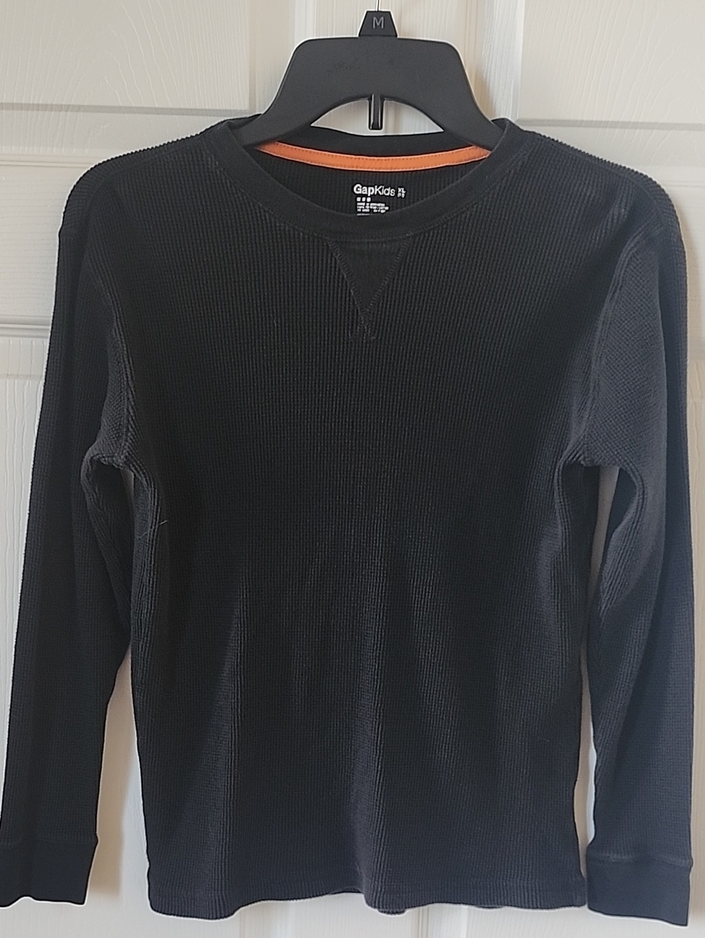 GapKids Black Waffle-Knit Thermal Long Sleeve Top with Orange Trim - Size XL 12